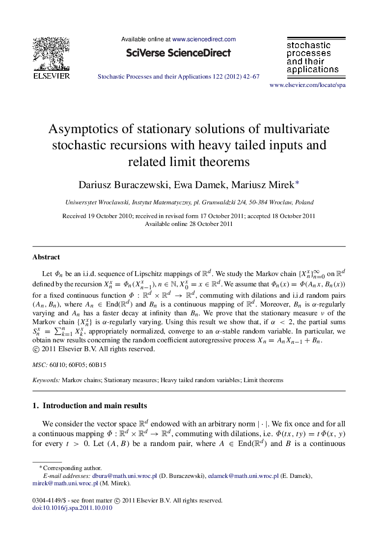 Asymptotics of stationary solutions of multivariate stochastic recursions with heavy tailed inputs and related limit theorems