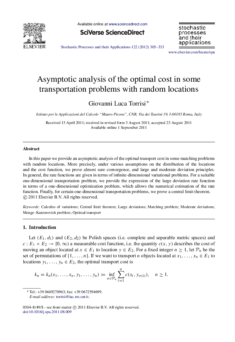 Asymptotic analysis of the optimal cost in some transportation problems with random locations
