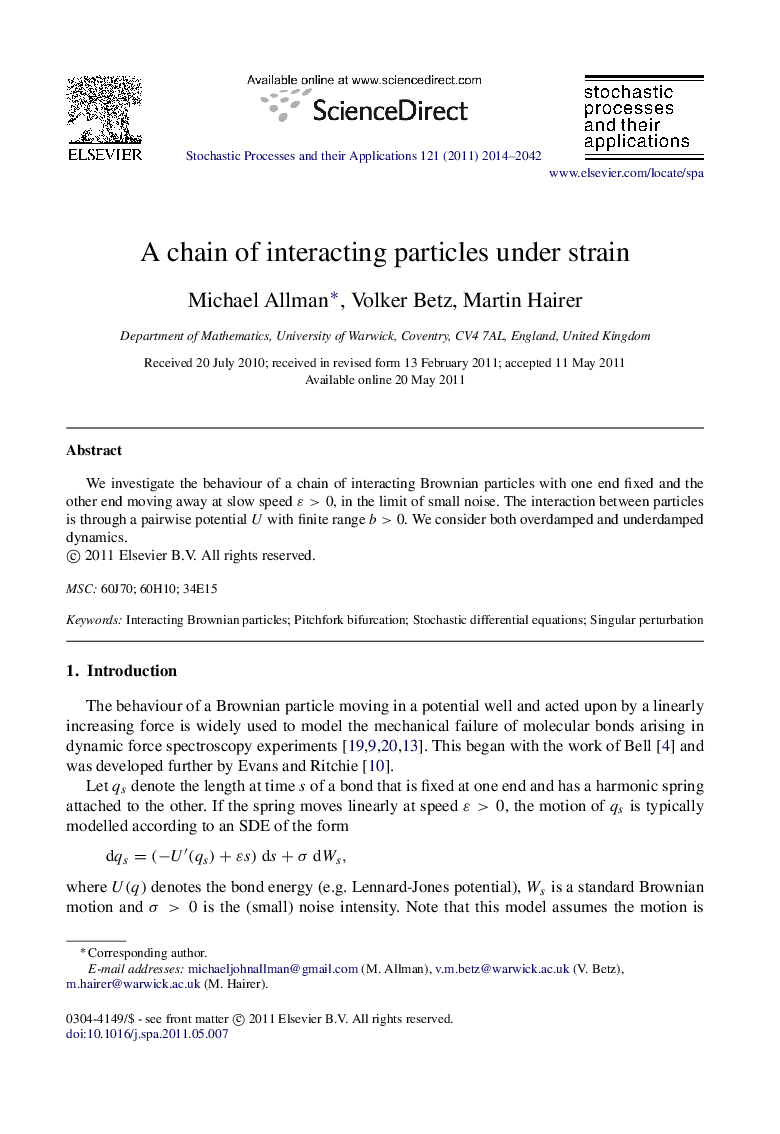 A chain of interacting particles under strain