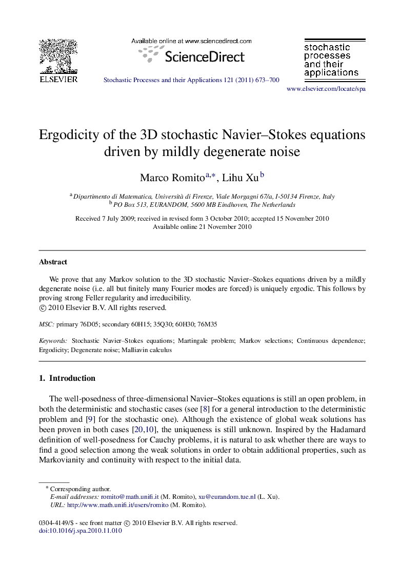 Ergodicity of the 3D stochastic Navier–Stokes equations driven by mildly degenerate noise