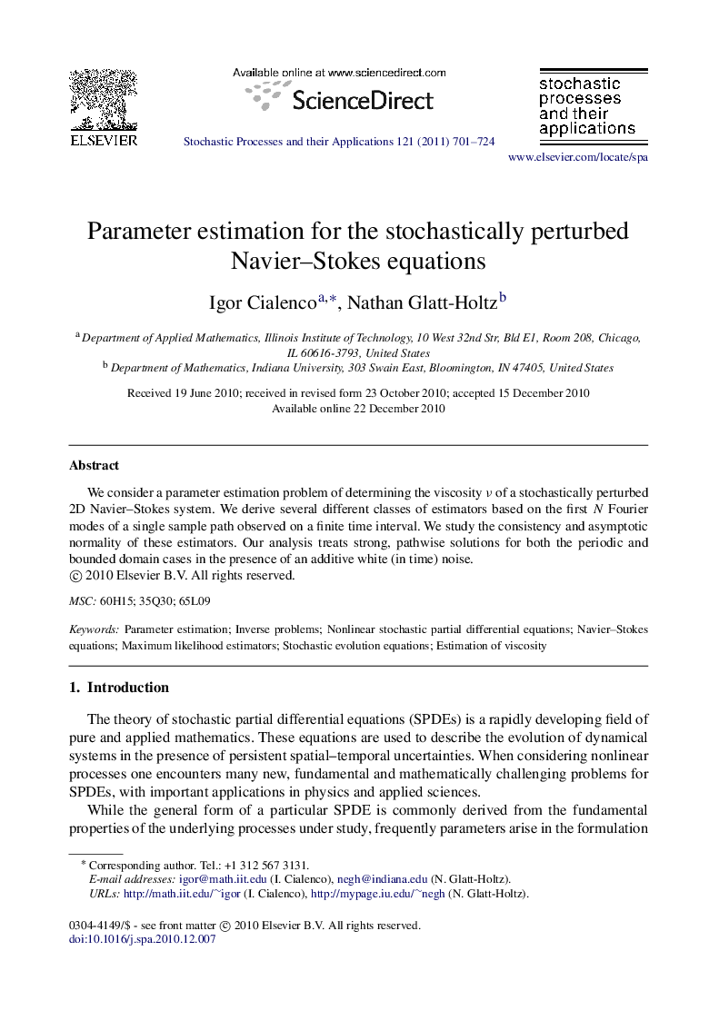 Parameter estimation for the stochastically perturbed Navier–Stokes equations