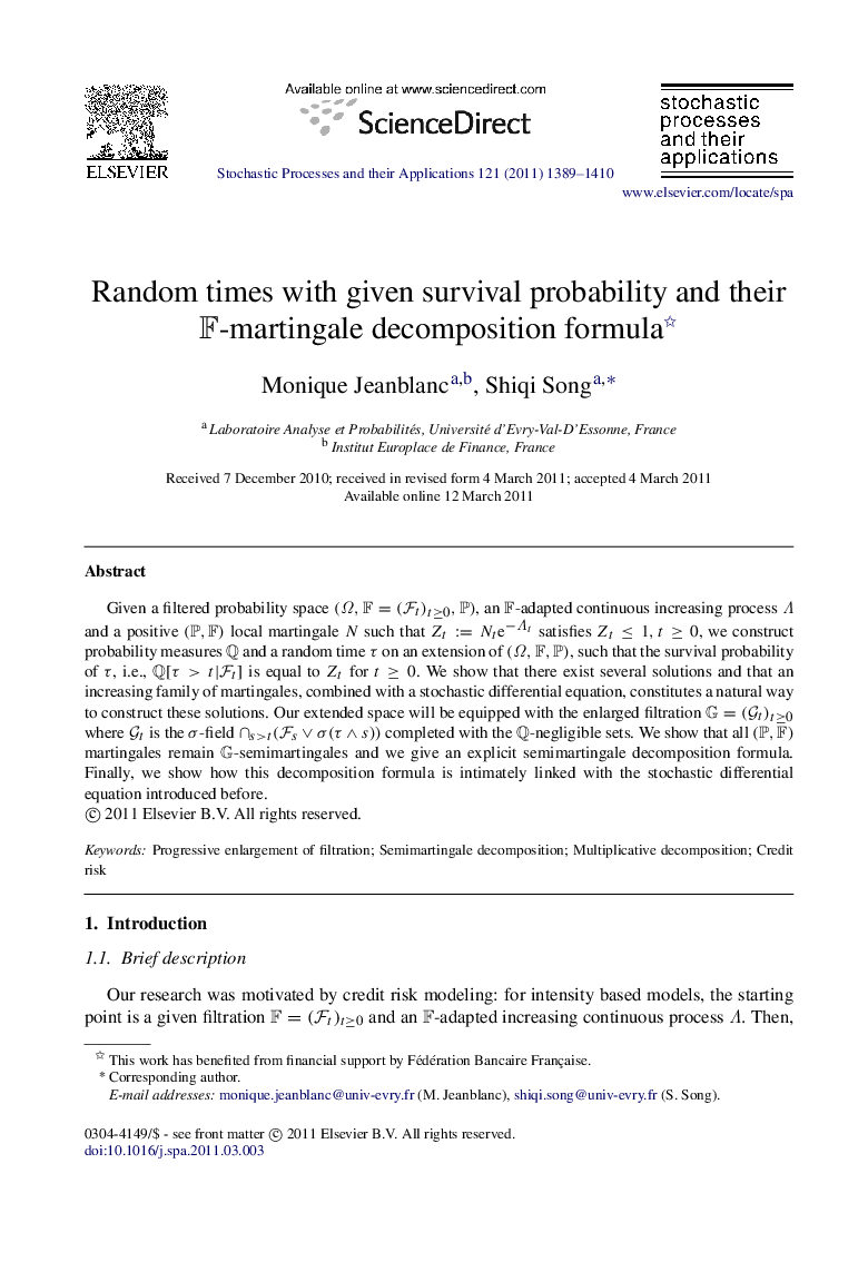 Random times with given survival probability and their FF-martingale decomposition formula 