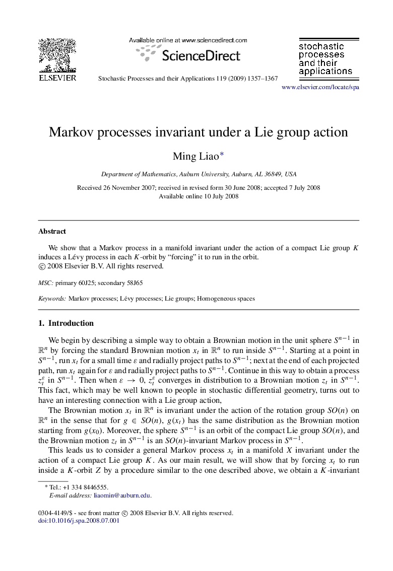 Markov processes invariant under a Lie group action