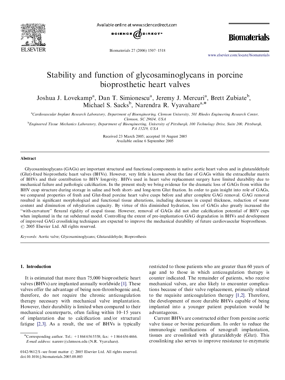 Stability and function of glycosaminoglycans in porcine bioprosthetic heart valves