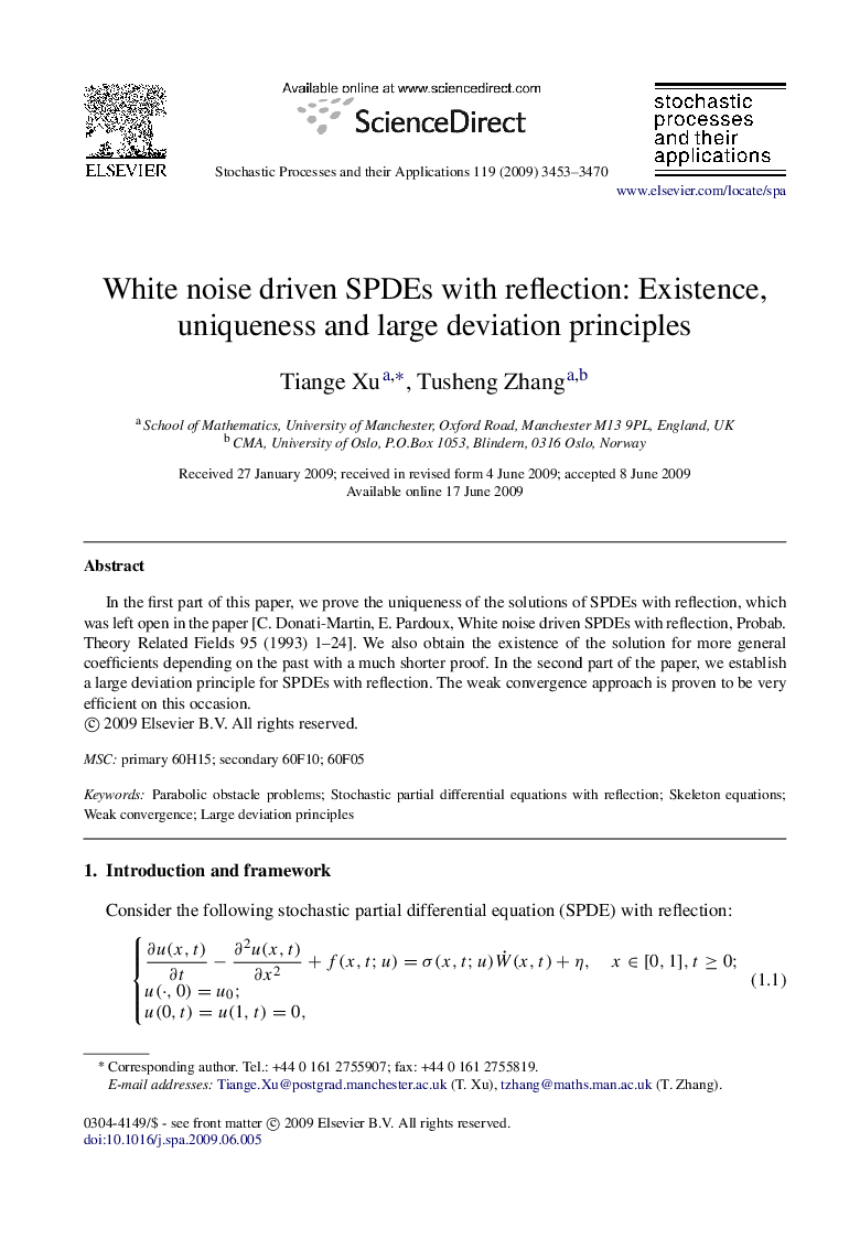 White noise driven SPDEs with reflection: Existence, uniqueness and large deviation principles