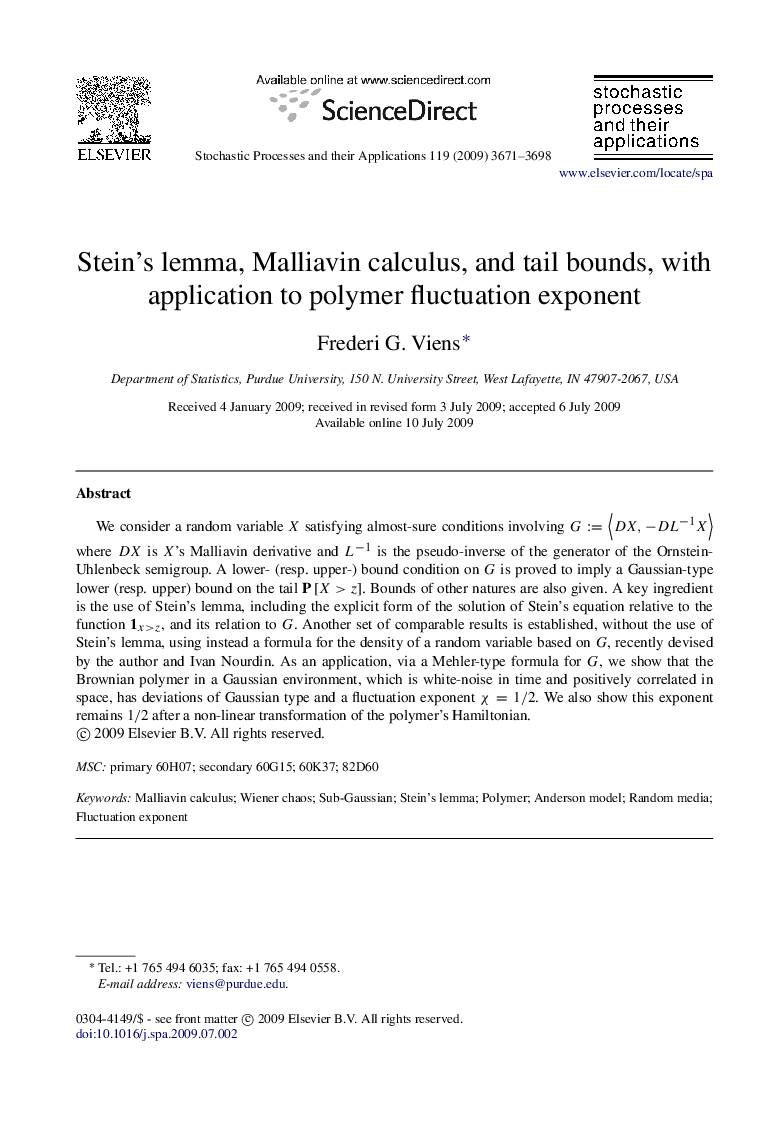 Stein’s lemma, Malliavin calculus, and tail bounds, with application to polymer fluctuation exponent