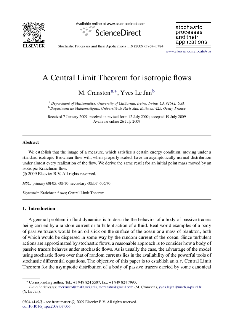 A Central Limit Theorem for isotropic flows