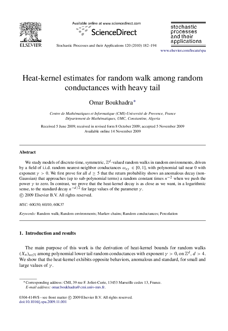 Heat-kernel estimates for random walk among random conductances with heavy tail
