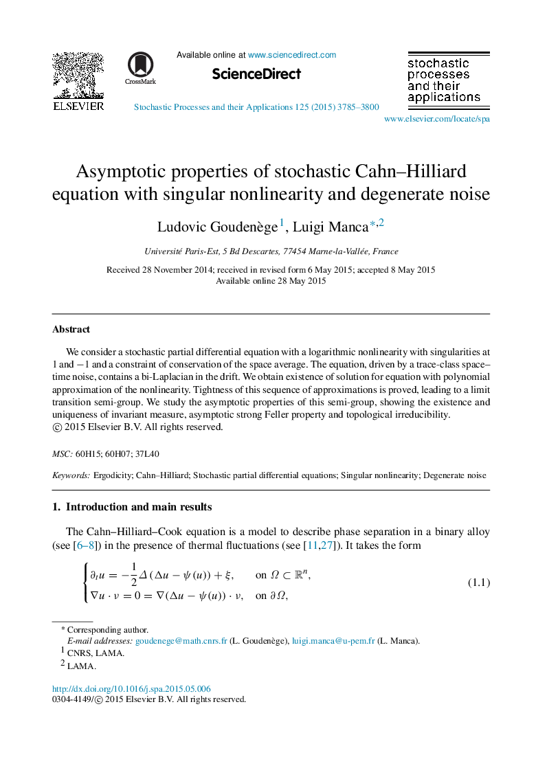 Asymptotic properties of stochastic Cahn–Hilliard equation with singular nonlinearity and degenerate noise