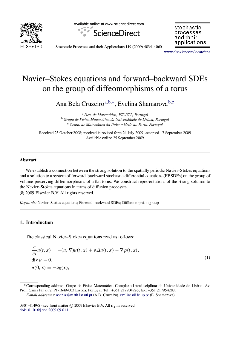 Navier–Stokes equations and forward–backward SDEs on the group of diffeomorphisms of a torus