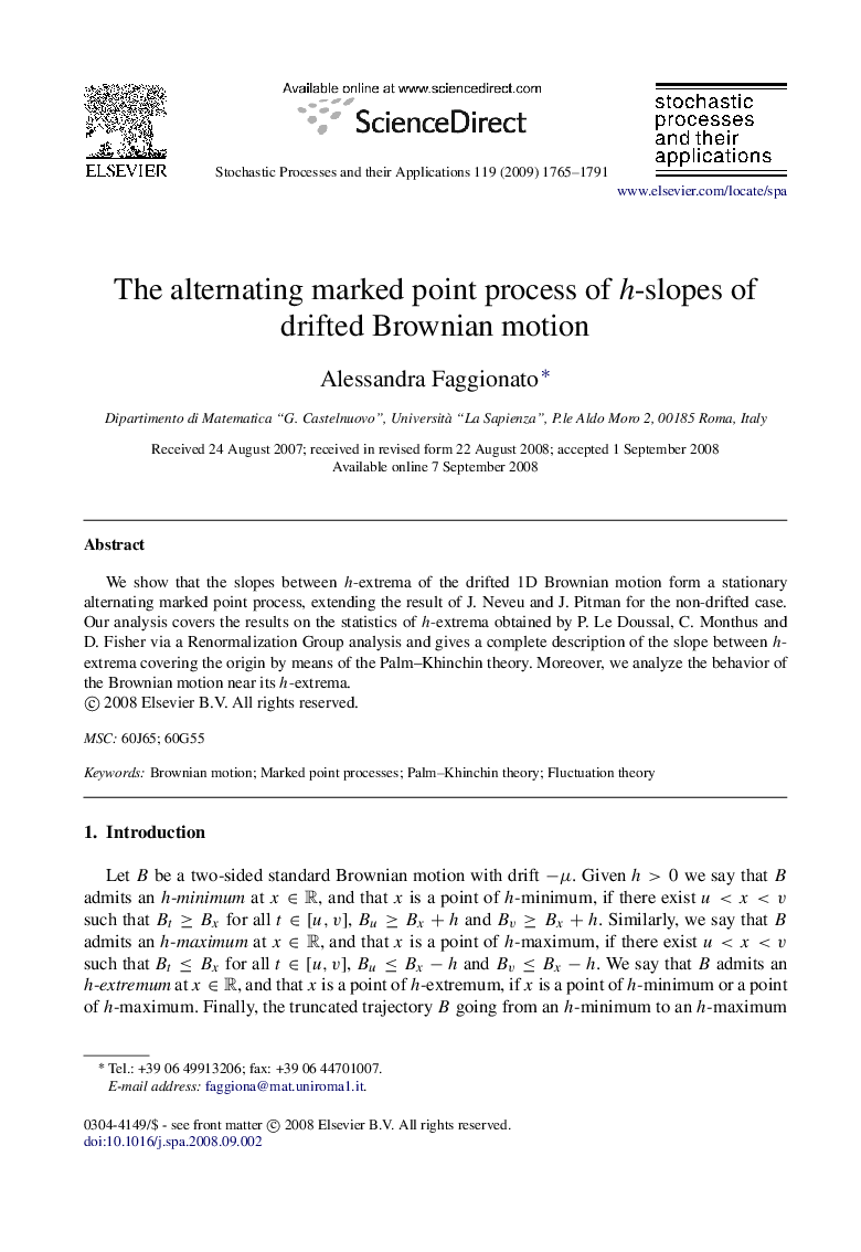 The alternating marked point process of h-slopes of drifted Brownian motion