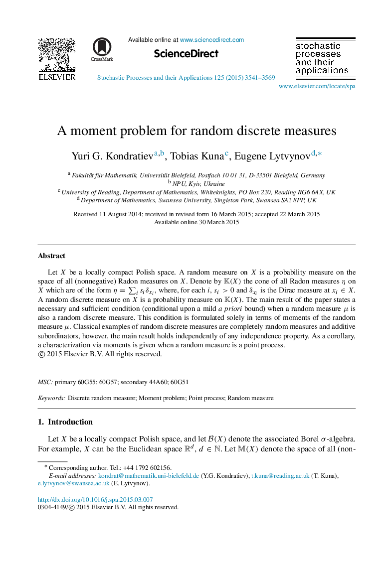 A moment problem for random discrete measures