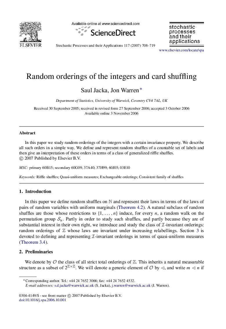 Random orderings of the integers and card shuffling