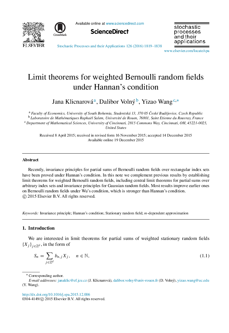 Limit theorems for weighted Bernoulli random fields under Hannan’s condition