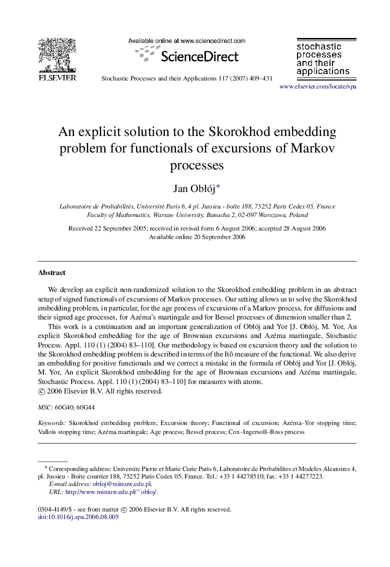 An explicit solution to the Skorokhod embedding problem for functionals of excursions of Markov processes