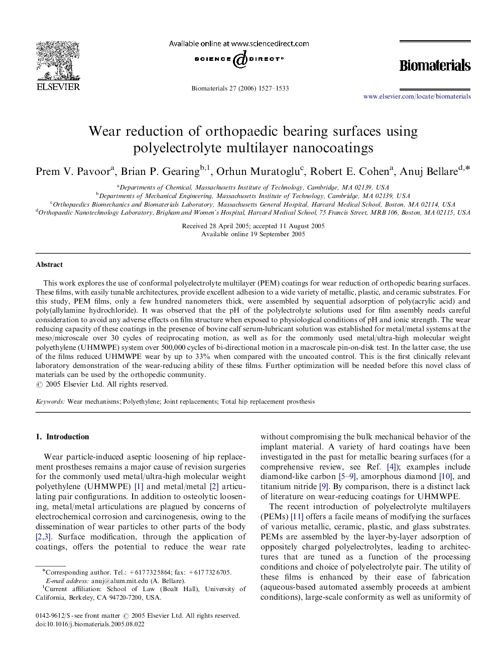 Wear reduction of orthopaedic bearing surfaces using polyelectrolyte multilayer nanocoatings