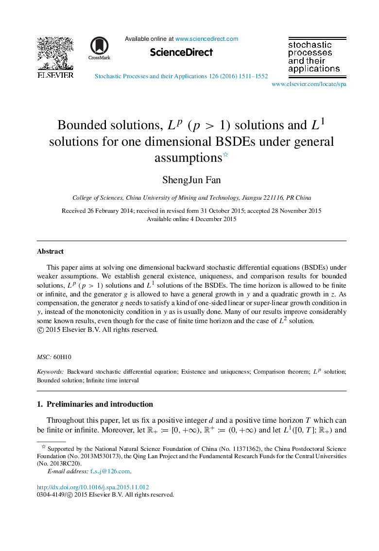 Bounded solutions, Lp(p>1) solutions and L1L1 solutions for one dimensional BSDEs under general assumptions 