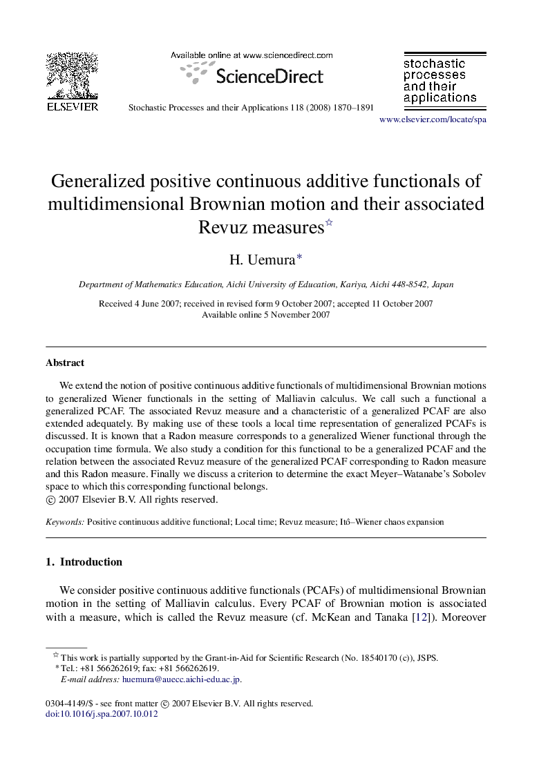 Generalized positive continuous additive functionals of multidimensional Brownian motion and their associated Revuz measures 