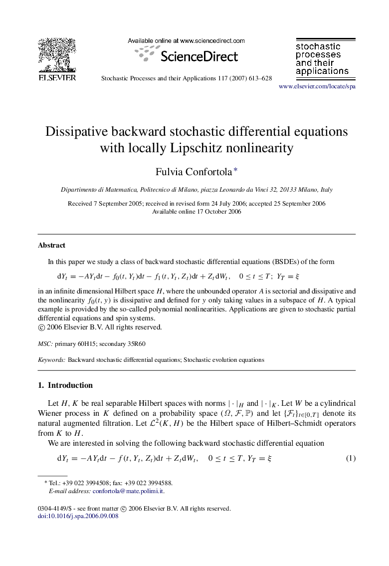 Dissipative backward stochastic differential equations with locally Lipschitz nonlinearity