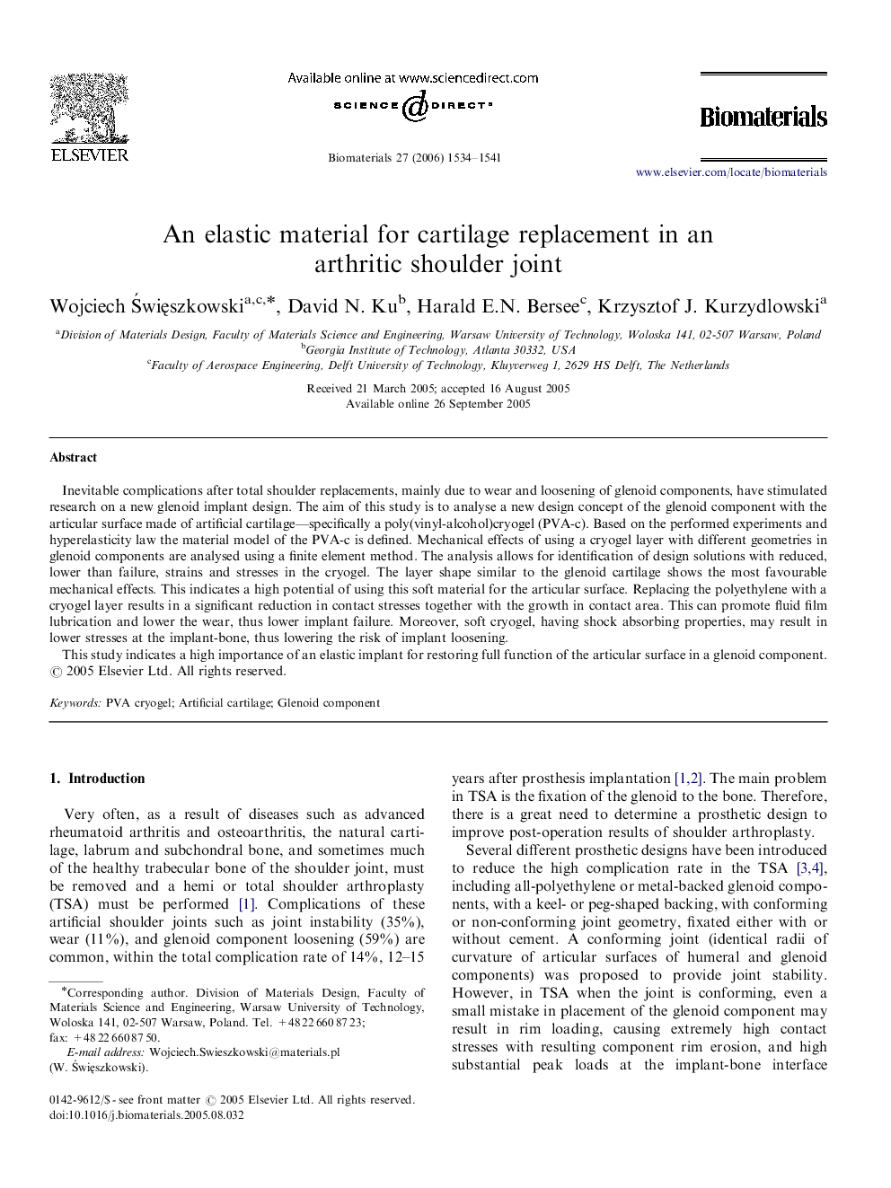 An elastic material for cartilage replacement in an arthritic shoulder joint