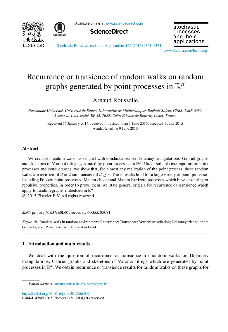 Recurrence or transience of random walks on random graphs generated by point processes in RdRd