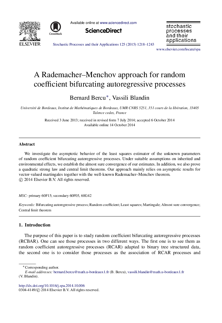 A Rademacher–Menchov approach for random coefficient bifurcating autoregressive processes