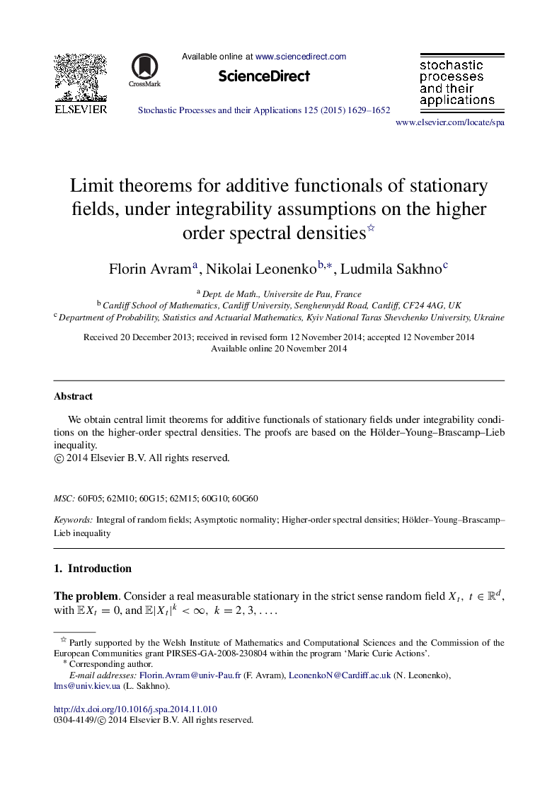 Limit theorems for additive functionals of stationary fields, under integrability assumptions on the higher order spectral densities