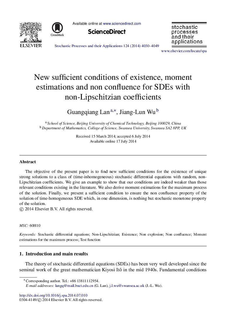 New sufficient conditions of existence, moment estimations and non confluence for SDEs with non-Lipschitzian coefficients