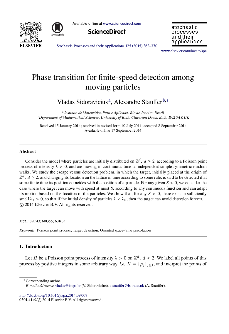 Phase transition for finite-speed detection among moving particles