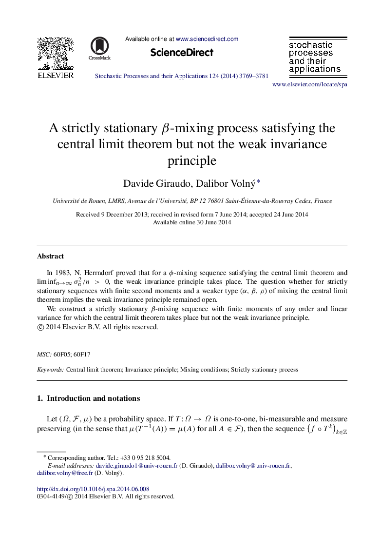 A strictly stationary ββ-mixing process satisfying the central limit theorem but not the weak invariance principle