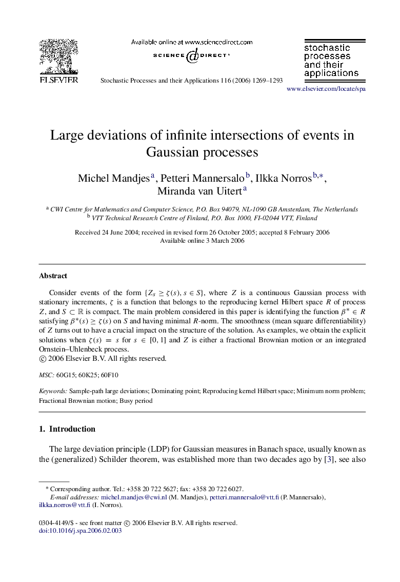 Large deviations of infinite intersections of events in Gaussian processes