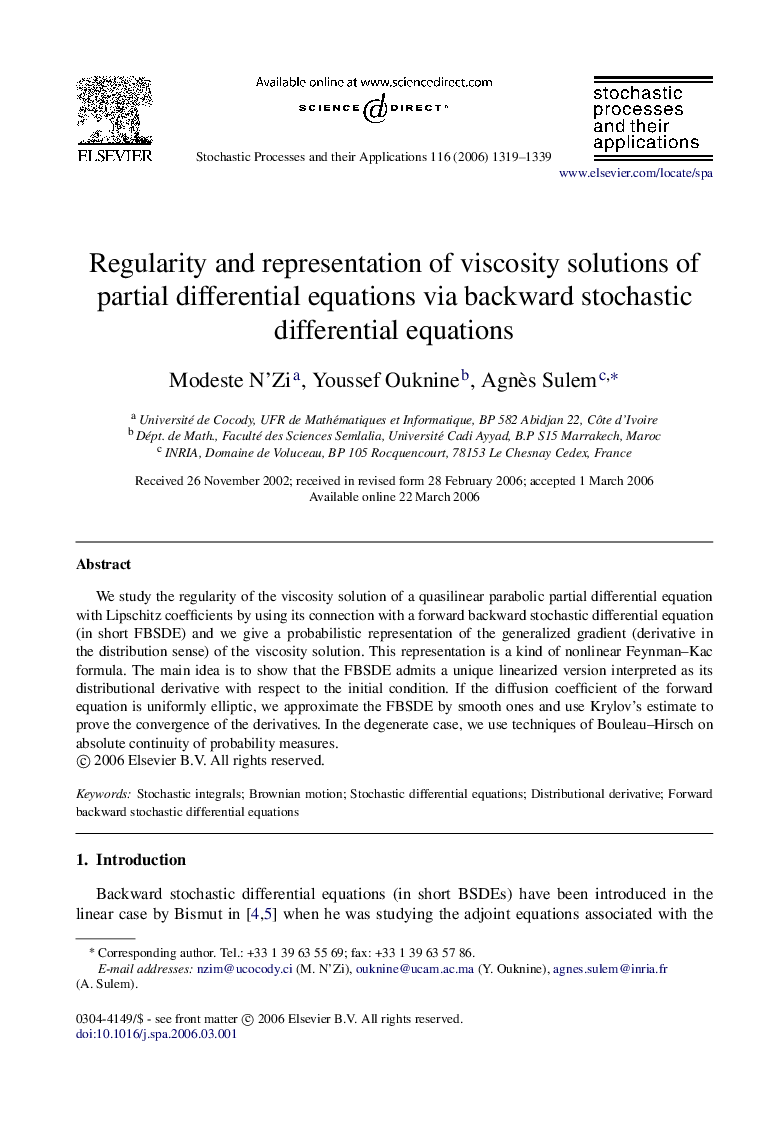 Regularity and representation of viscosity solutions of partial differential equations via backward stochastic differential equations