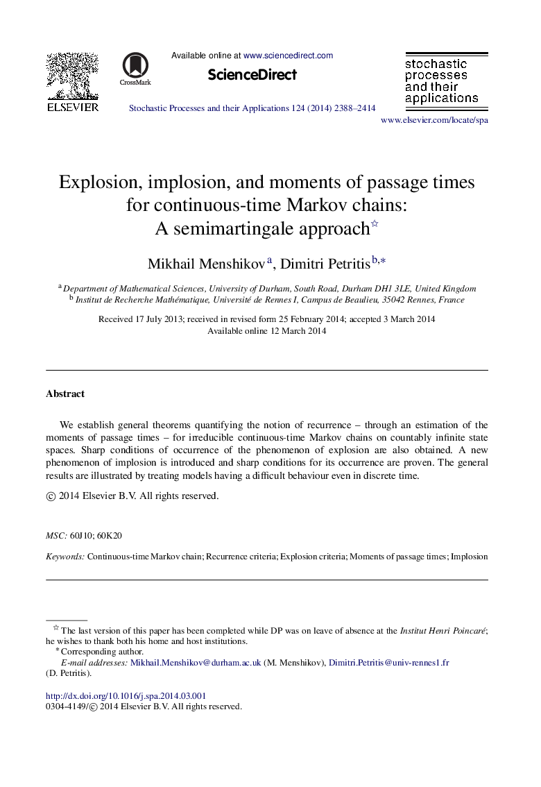 Explosion, implosion, and moments of passage times for continuous-time Markov chains: A semimartingale approach 