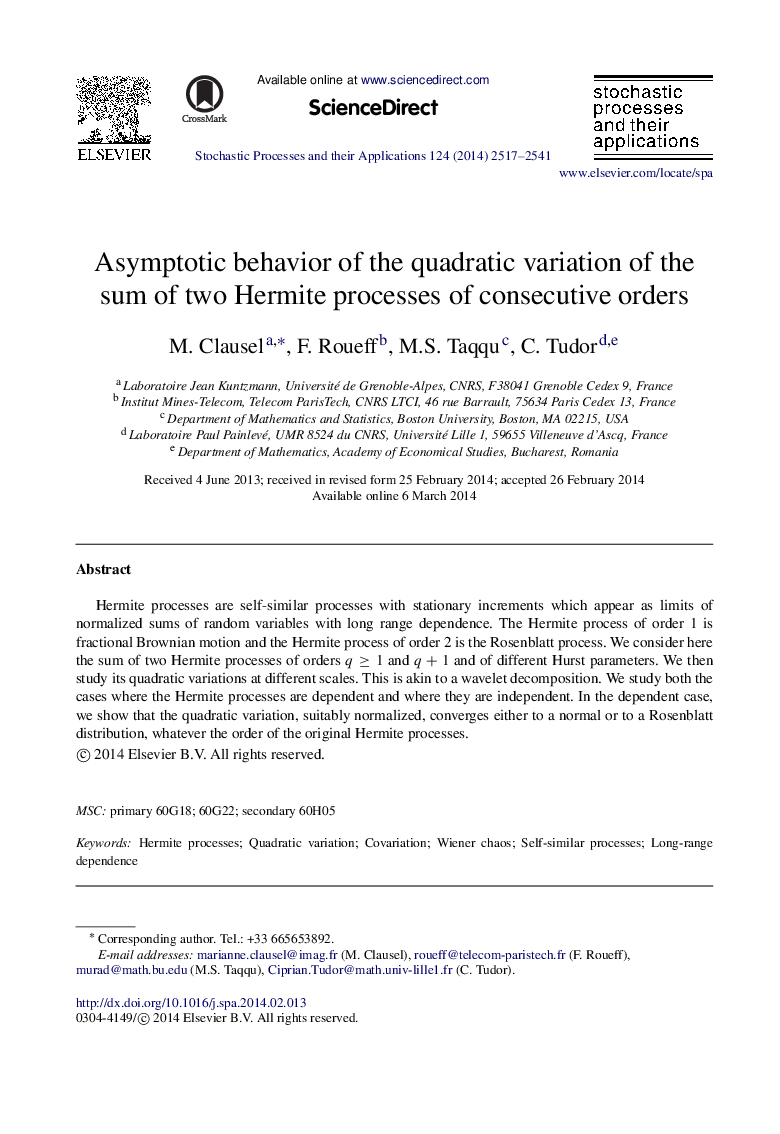 Asymptotic behavior of the quadratic variation of the sum of two Hermite processes of consecutive orders