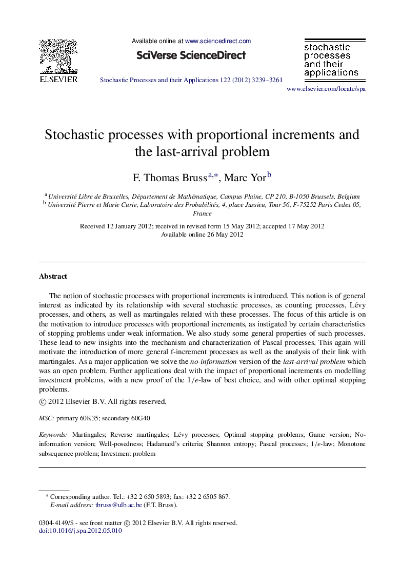 Stochastic processes with proportional increments and the last-arrival problem