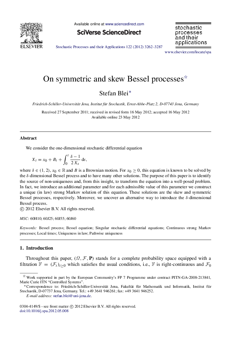 عکس صفحه اول مقاله: On symmetric and skew Bessel processes On symmetric and skew Bessel processes