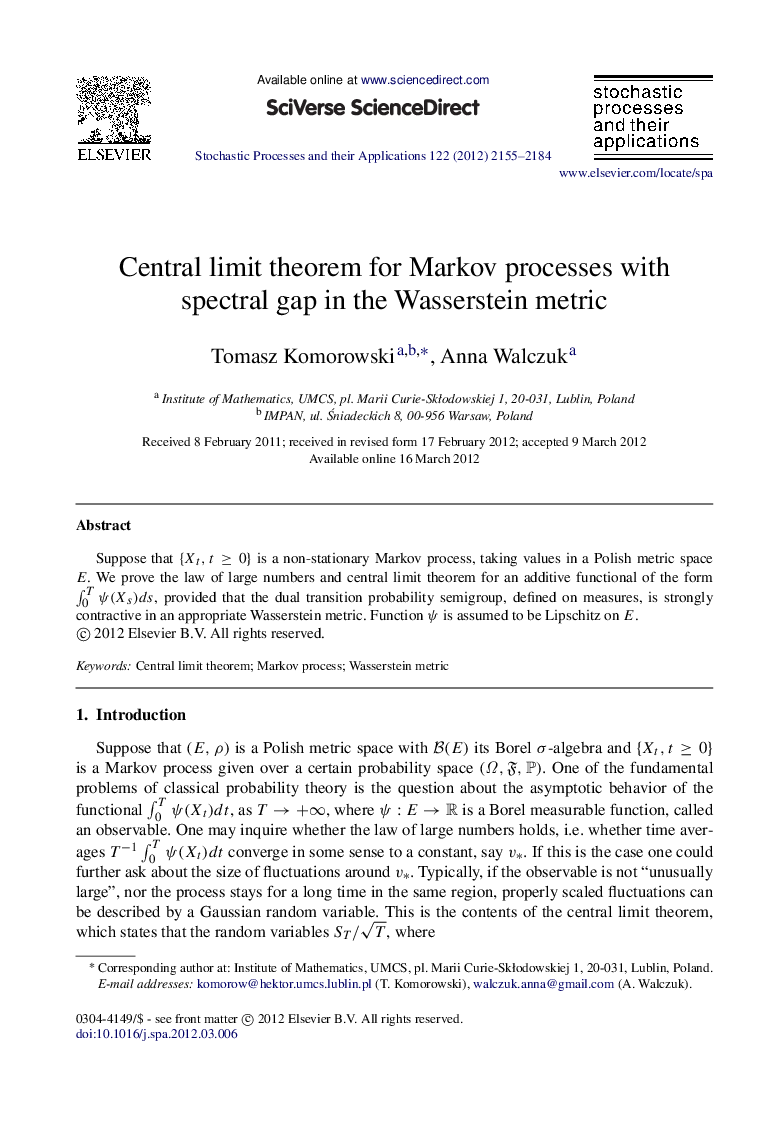 Central limit theorem for Markov processes with spectral gap in the Wasserstein metric