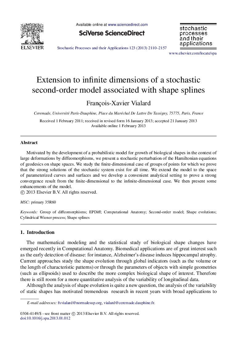 Extension to infinite dimensions of a stochastic second-order model associated with shape splines