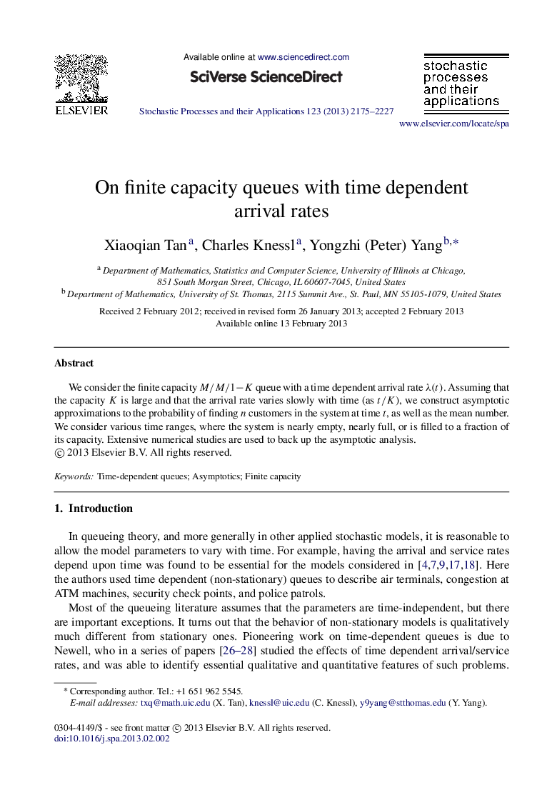عکس صفحه اول مقاله: On finite capacity queues with time dependent arrival rates On finite capacity queues with time dependent arrival rates