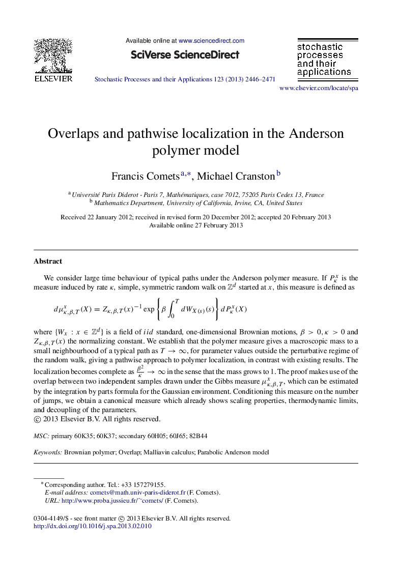 Overlaps and pathwise localization in the Anderson polymer model