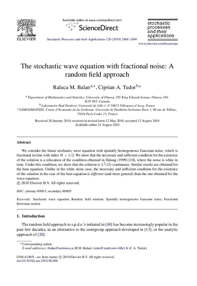 The stochastic wave equation with fractional noise: A random field approach