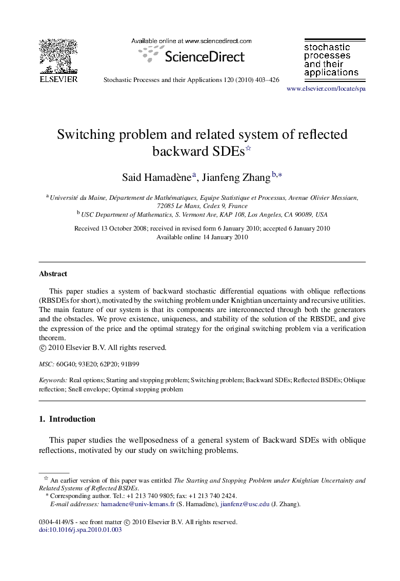 Switching problem and related system of reflected backward SDEs 