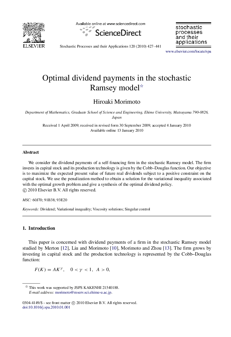 Optimal dividend payments in the stochastic Ramsey model 