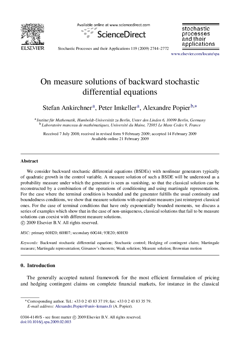 On measure solutions of backward stochastic differential equations