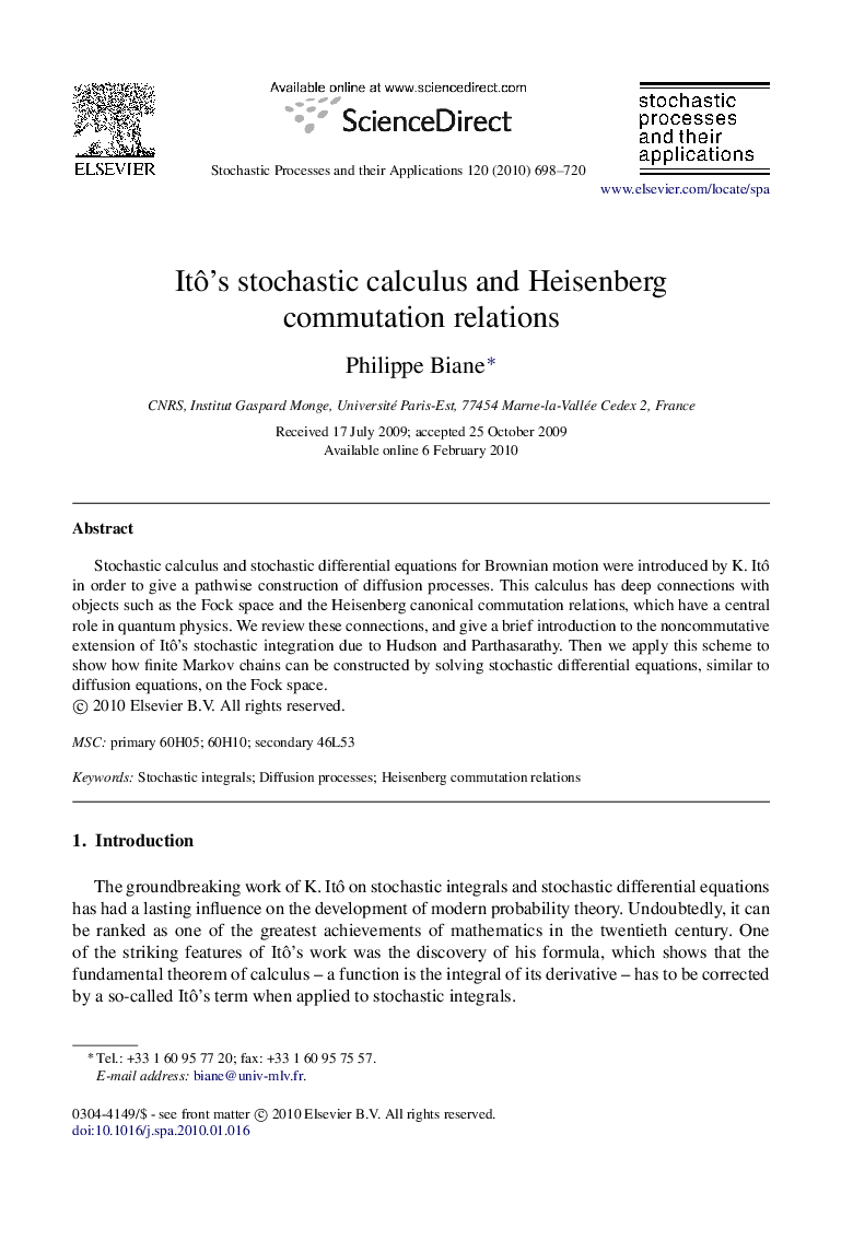 Itô’s stochastic calculus and Heisenberg commutation relations