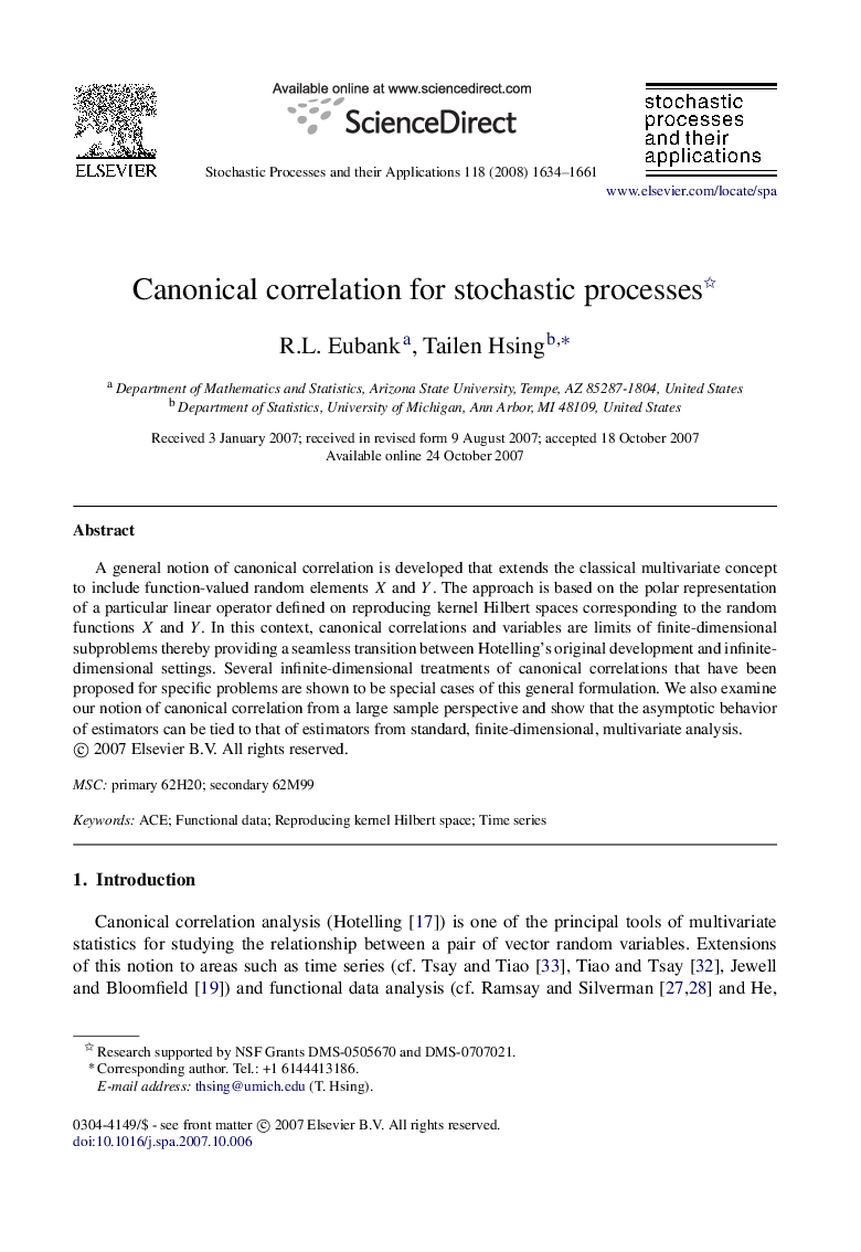 Canonical correlation for stochastic processes 