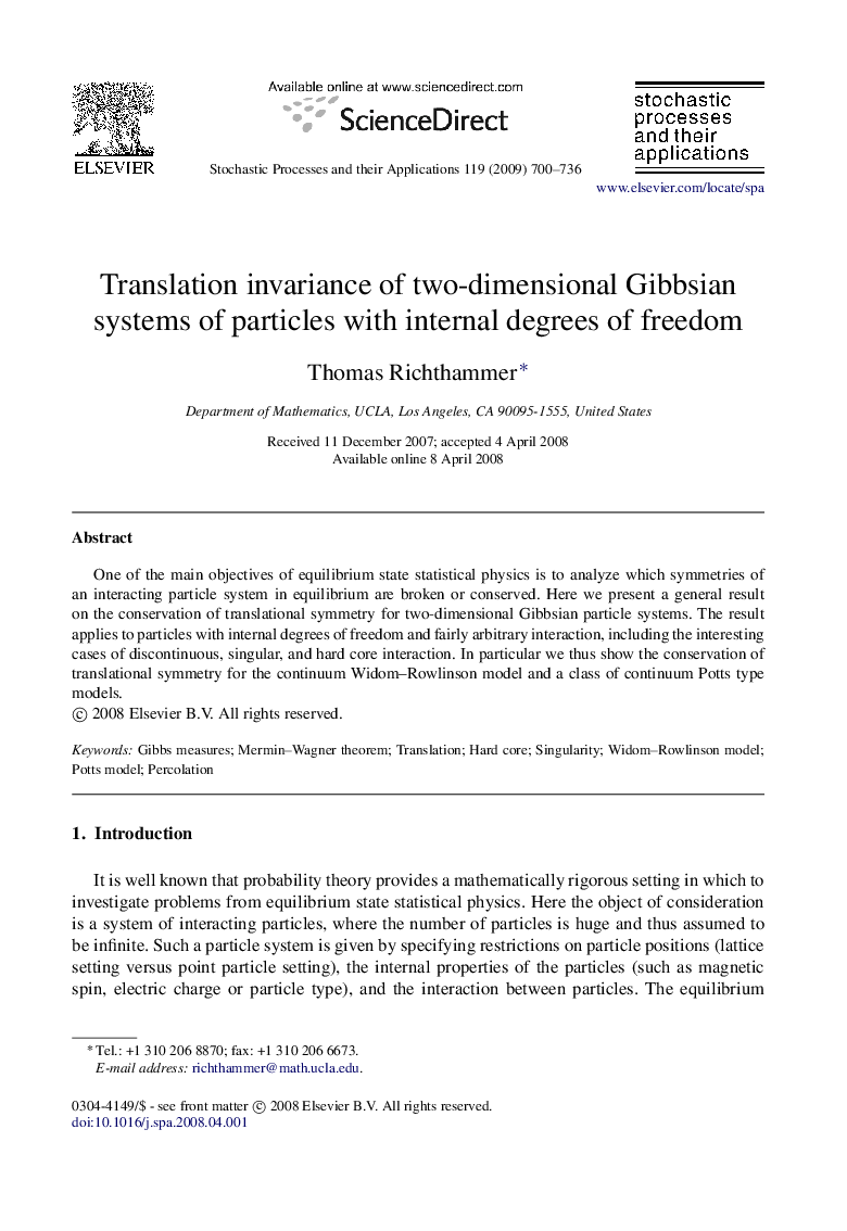 Translation invariance of two-dimensional Gibbsian systems of particles with internal degrees of freedom