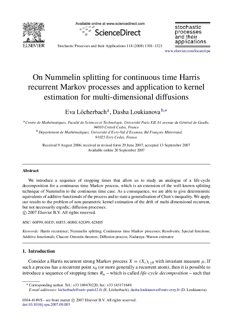 On Nummelin splitting for continuous time Harris recurrent Markov processes and application to kernel estimation for multi-dimensional diffusions