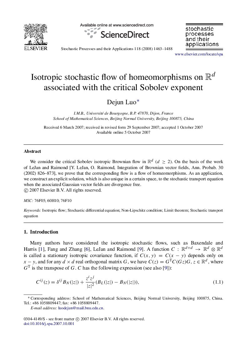 Isotropic stochastic flow of homeomorphisms on RdRd associated with the critical Sobolev exponent