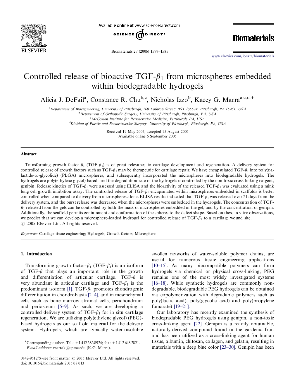 Controlled release of bioactive TGF-β1 from microspheres embedded within biodegradable hydrogels